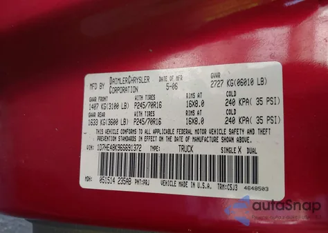 2006 Dodge Dakota Slt from USA, damaged, VIN 1D7HE48K96S691372